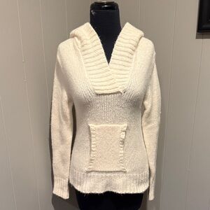 B28 souchi Elegant Cream V-Neck Women's Knit Hoodie Sweater Pocket